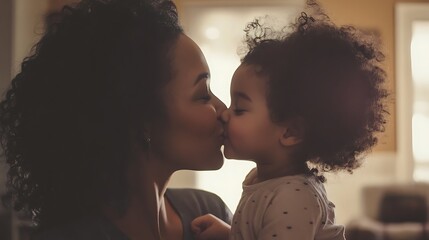 A mother with curly black hair lovingly kisses her young daughter on the cheek, with the daughter reciprocating the affection.