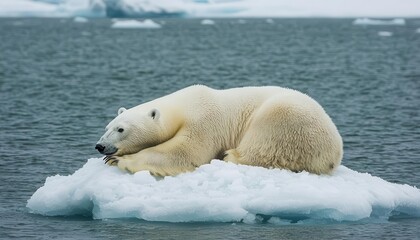 Naklejka premium Polar bear stranded on a small ice floe in the vast ocean, symbolizing global warming and habitat loss Global warming, Wildlife conservation, Arctic melting