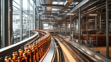 Fototapeta premium An interior view of a modern beverage bottling plant, with rows of bottles moving along a conveyor belt.