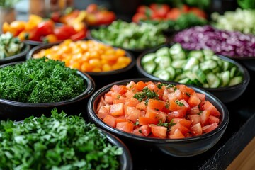 Fresh vegetables in a salad bar at a restaurant. Selective focus