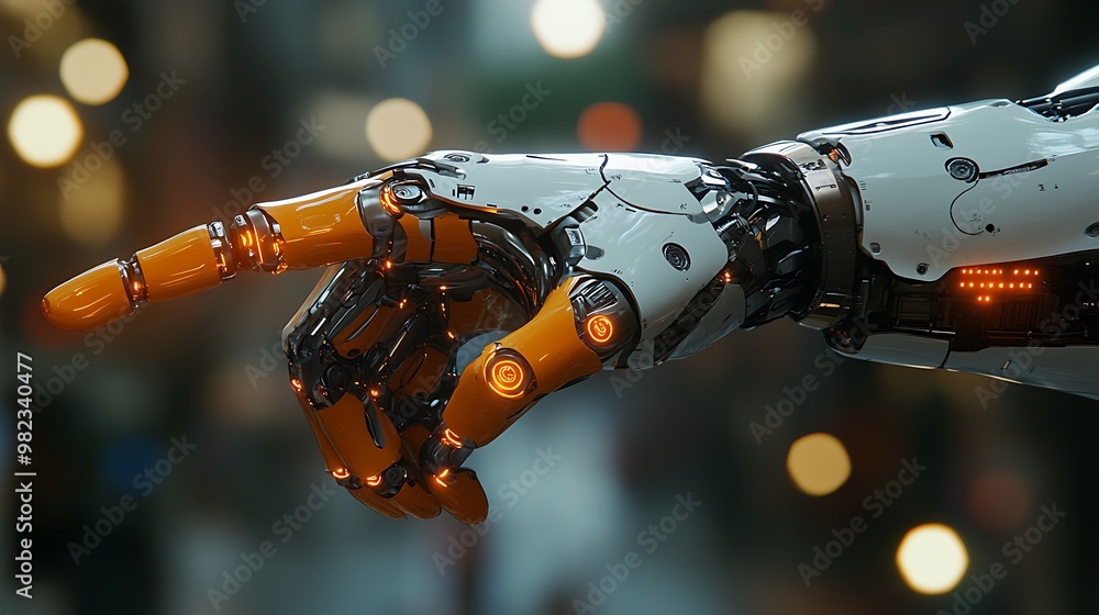 Poster close-up of a futuristic robotic hand with orange and white components pointing forward with a blurr