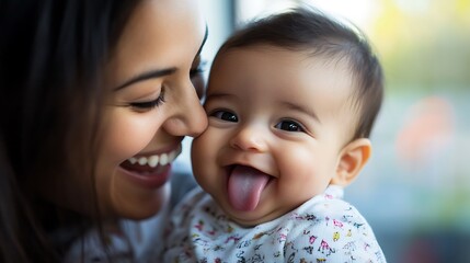 A young mother is smiling and looking at her baby who is sticking out his tongue and smiling.