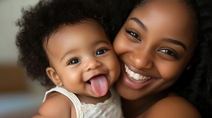 A close-up shot of a mother and her young child. The mother is looking at the camera and smiling with her mouth open, 