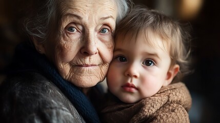 An elderly woman with gray hair and wrinkles holds a baby in her arms. They are looking at the camera with a gentle expression.