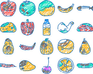 rotten food waste doodle icons set vector. sketch line art rubbish bad, trash, garbage fruit, vegetable bin, dirty kitchen, junk, reduce rotten food waste color illustrations