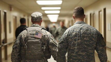 Soldiers in uniform walking down a hallway
