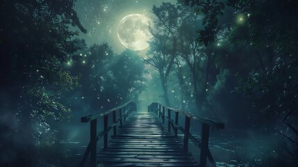 Obraz premium Footbridge route in magical moonlight throughout woodlands