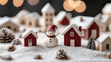 Naklejka premium A charming winter scene featuring a snowman surrounded by tiny houses and pinecones, creating a festive holiday atmosphere.