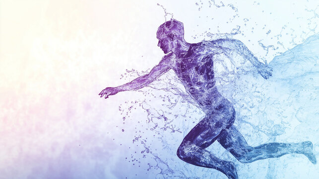 Water figure running across the ocean surface with splashes at sunset