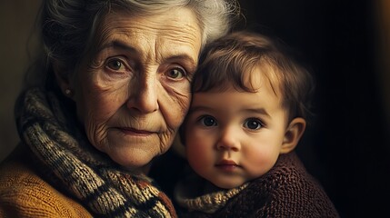 Close-up portrait of an elderly woman with a baby, both looking at the camera. The woman has wrinkles and grey hair, while the baby has soft features and big eyes. They are both wearing warm sweaters.