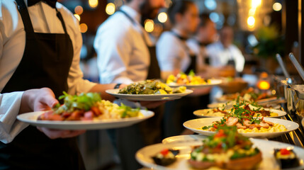 Obraz premium Waiters serving gourmet dishes in a busy restaurant during dinner service