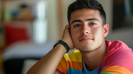 A young man with short brown hair, wearing a colorful striped shirt, looks thoughtfully into the camera while resting his head on his hand.
