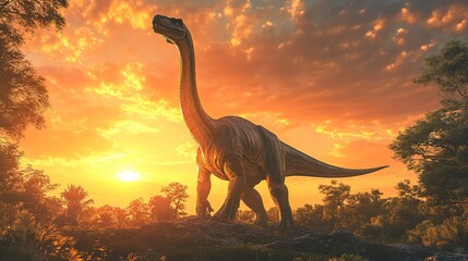 A majestic dinosaur stands tall against a dramatic sunset, showcasing its power and grandeur in a prehistoric landscape.