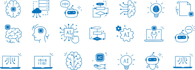 Artificial ai brain icon. Ai machine digital robot hand drawn doodle line icon.