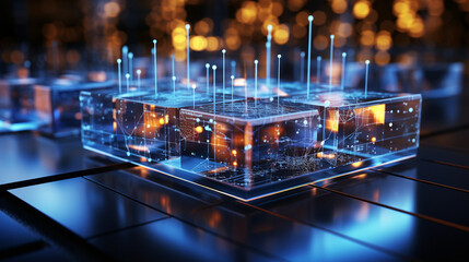 A symbolic image of a next-generation processor chip featuring glass-like cubes, suggesting a revolutionary architectural design for enhanced computing performance. The dark blue and orange color sche