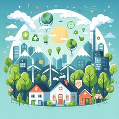 City environment showing house with building and industrial. Environment Background Poster Flat Vector Design