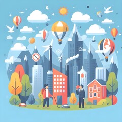 Two People with a City Background holding a Car and there is Clouds and Many Objects are in it. Environment Flat Vector Design