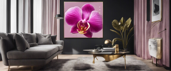 Pink orchid acrylic painting with golden paint elements on black background poster on the wall in mo