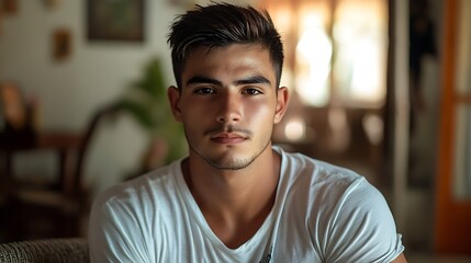 A young man with short brown hair and a white t-shirt looks directly at the camera. He is sitting in a chair with a blurred background.