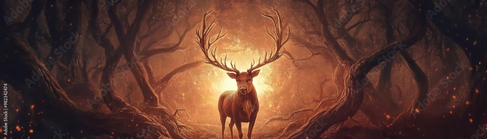 Poster a majestic deer stands amidst an enchanting forest, illuminated by a mysterious golden light, creati