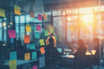 Fototapeta premium Colorful Sticky Notes on a Glass Wall in a Sunny Office