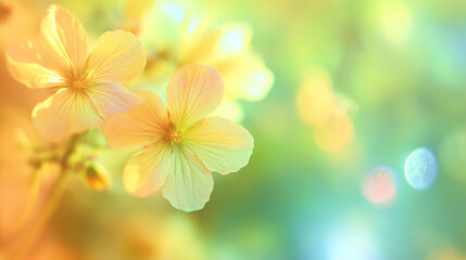 Naklejka premium Yellow flower with water droplets against a soft, colorful bokeh background