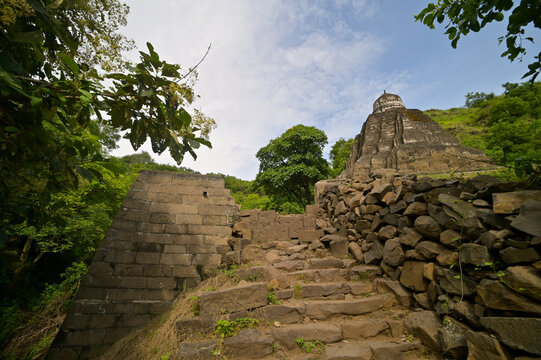 Broken stone steps leading to temple dedicated to God Shiva on the way to Lonar crater, Maharashtra, India.