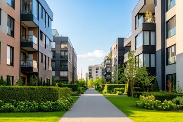 Fototapeta premium Modern Apartment Complex with Lush Green Landscaping