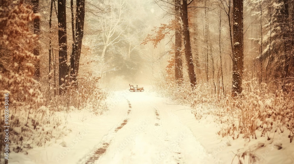 Poster a serene winter landscape featuring a snow-covered path surrounded by trees and gentle snowfall, evo