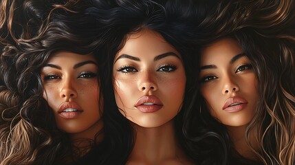 Three women with long dark hair, their faces close up, looking into the distance.