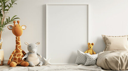 Cozy children's room with stuffed animals and blank frame for artwork