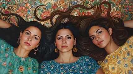 Three women with long dark hair lie on a floral patterned surface, their hair forming a swirl.