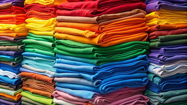 Vibrant colors unfold from crisp folded t-shirts, creating a rainbow spectrum that grabs attention and sparks joy in