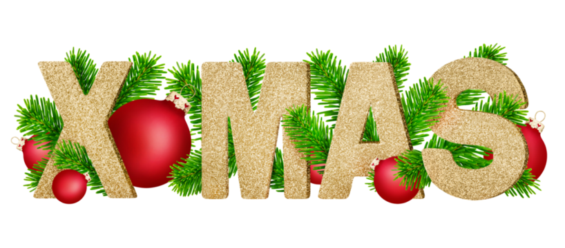 X-MAS Christmas golden letters and fir branches with balls isolated on transparent background PNG cut out