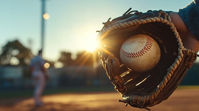 A baseball glove holding a ball with a player in the background at sunset.