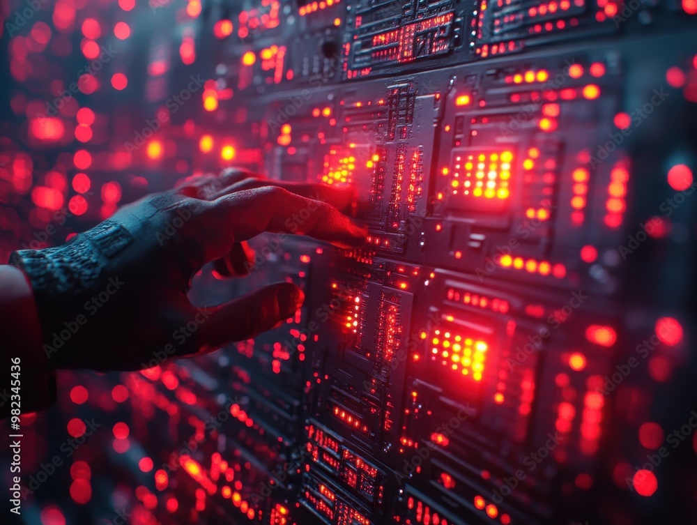 Aufkleber close-up of a gloved hand interacting with a futuristic digital interface illuminated by glowing red