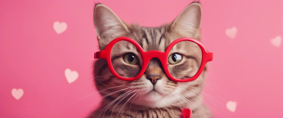 Obraz premium St Valentines Day card concept Funny cat in red heart shaped glasses isolated on pink background