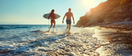 A sunny beach scene with a couple running into the sea with surfboards. The woman's board has white and blue designs. Sand, cliffs, and colorful sky complete the vibrant setting.