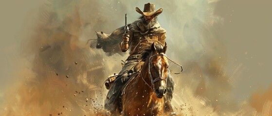 An energetic cowboy, lasso in hand, rides a horse in a desert. Rifle drawn, he speeds past a horned animal in a dynamic, dramatic scene.