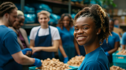 Obraz premium Happy volunteer smiling while helping at a food bank with team in background