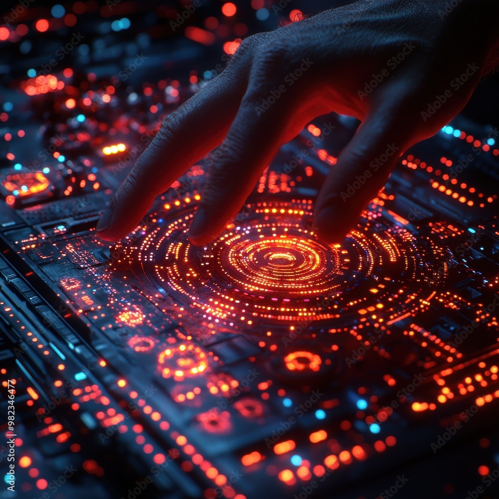 Poster close-up of a hand interacting with a glowing futuristic digital interface, representing technology 