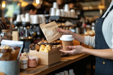 A person collects their coffee and pastries from a bustling café during the morning rush in a cozy urban setting