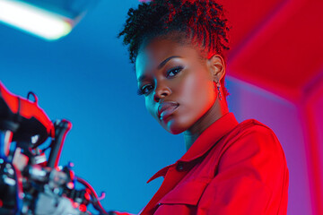 a focused african american female mechanic using a diagnostic tool on a car's computer system