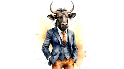 Fototapeta premium Wildebeest in a Suit: A Wild Businessman - a wildebeest in a corporate suit, blending the wild and the professional. Humorous image. Business. Animal. 1