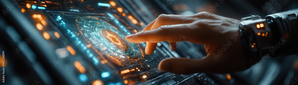 Poster futuristic hand interacting with digital interface, showcasing advanced technology and innovation in