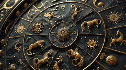 Naklejka premium A sophisticated black clock with gold zodiac symbols in a radial arrangement, each symbol represented by a gold statue. Mystical details on a black marble background.
