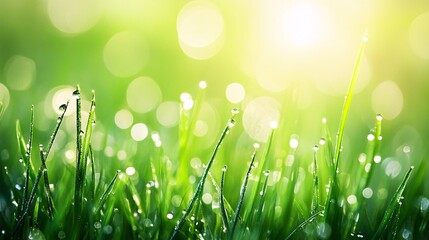 Obraz premium Dew-Covered Blades of Grass in Soft Sunlight