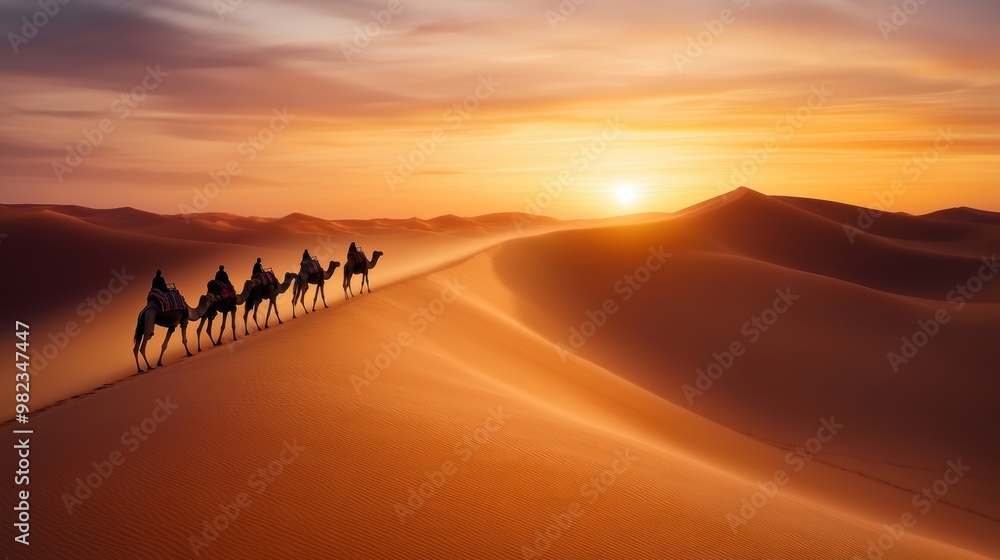 Wall mural A group of people riding camels across the desert at sunset, AI