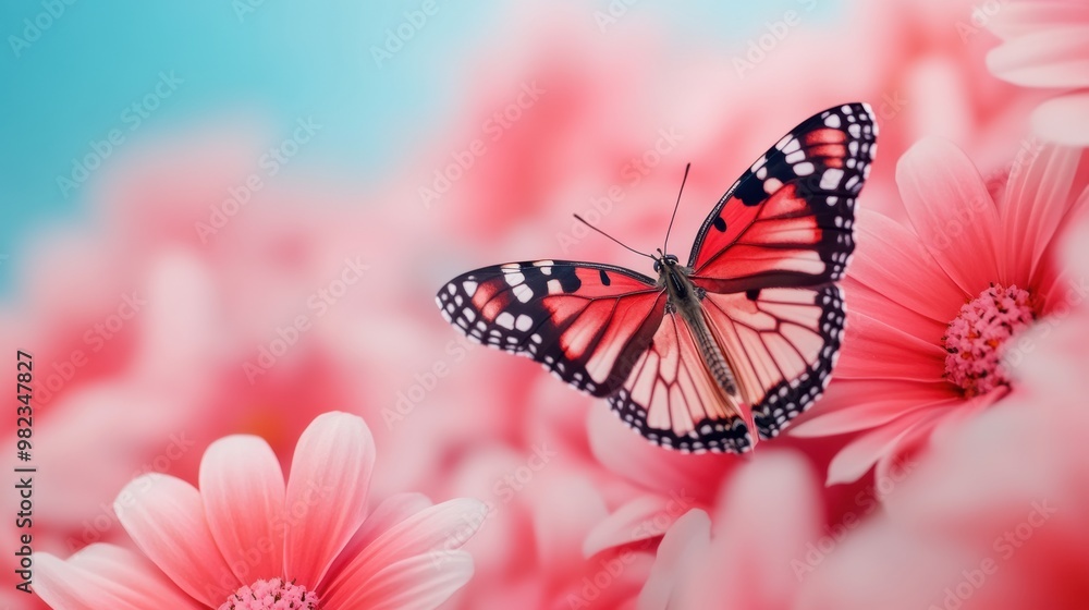 Poster A butterfly sitting on a pink flower with other flowers in the background, AI