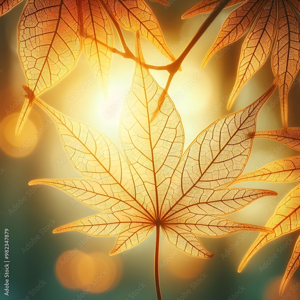 Poster autumn maple leaves background with sun rays and bokeh effect generated by ai